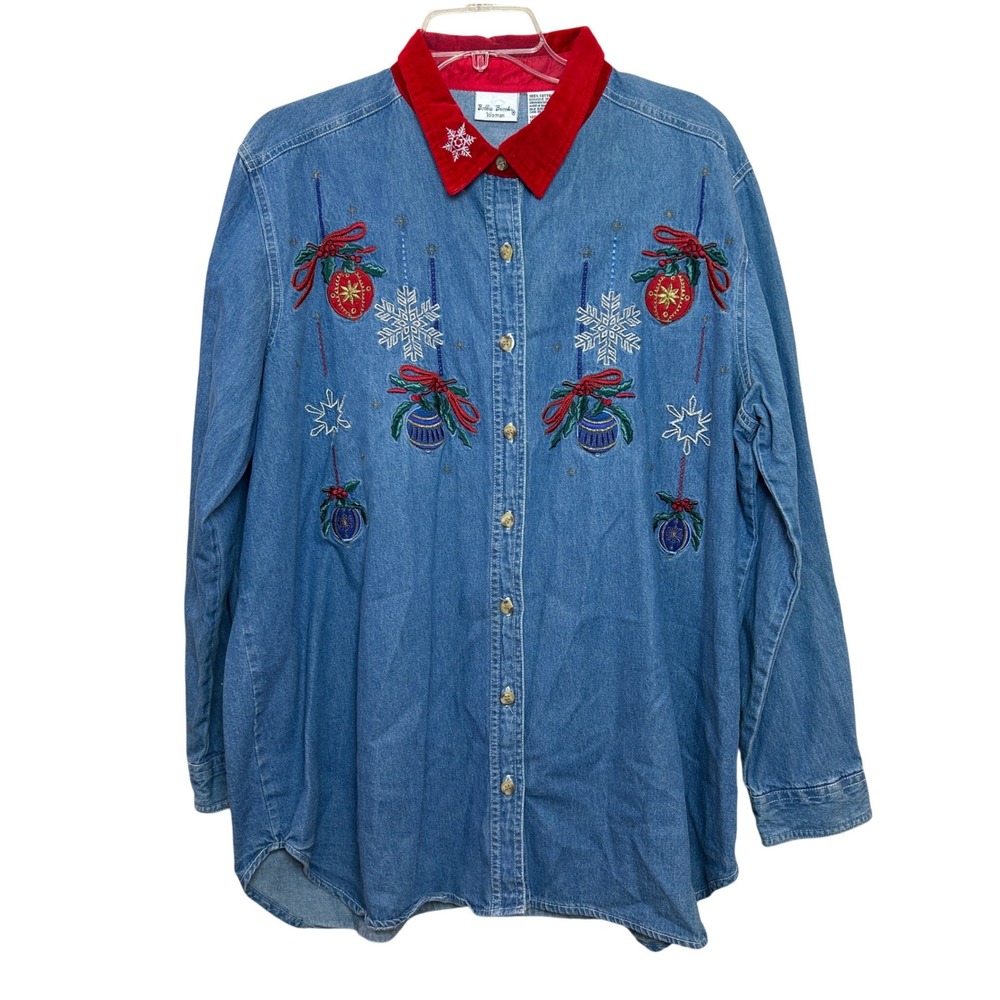 Bobbie Brooks Denim Button Down Shirt Womens 18W Blue Holiday Ornament Christmas